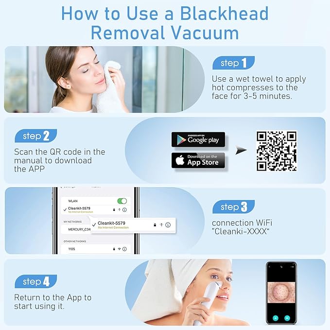 Facial Pore Blackhead Remover Vacuum, 1080P Camera Blackhead Remover, 20x Zoom, 8 LEDs & 3 Suction Modes, 800mAh Battery & USB - 6 Heads Pore Cleaner Kit for Women&Men(White)