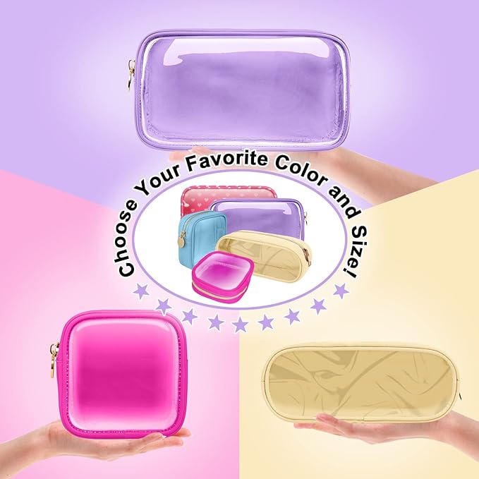 Small Clear Travel Makeup Organizer Bag for Purse, Cute Makeup Bag Preppy Cosmetic Zipper Pouch Purse, Transparent PVC & Nylon Waterproof Make Up Brush Bag Toiletry Storage for Women Girls(Purple)
