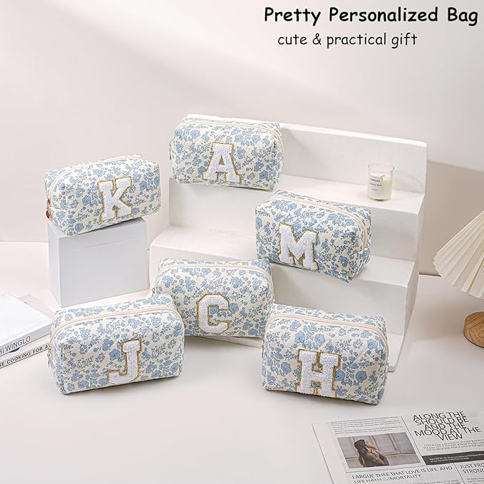 Gleyemor Personalized Initial Makeup Bag for Women, Cute Quilted Blue Floral Cotton Cosmetic Bag, Christmas Gifts for Her Mom Friend Sister Bridesmaid Teacher Women X