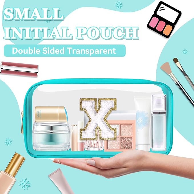 Small Clear Personalized Initial Makeup Bag, Preppy A-Z Chenille Letter Patch Cosmetic Bag, Cute Transparent Nylon Waterproof Zipper Beach Varsity Letter Pouch, Gift for Women Girls(Cyan-White X)