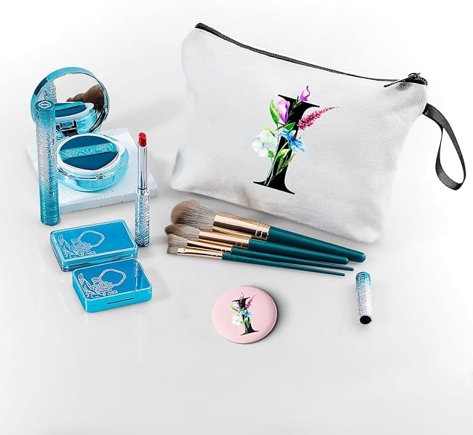 SEAMOON Bride to be Birthday Womens Unique Initial Monogram Gifts for Women Mom Personalized Travel Makeup Cosmetic Bag with Mirror Valentines Mothers Day Christmas Graduation I