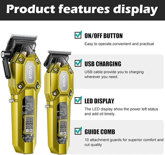 VGR Professional Hair Clippers for Men, Cordless Barber Clippers and Trimmers Set, Mens Hair Cutting Kit with 10 Guide Combs, USB Rechargeable Haircut Machine for Family, LED Display, Gold