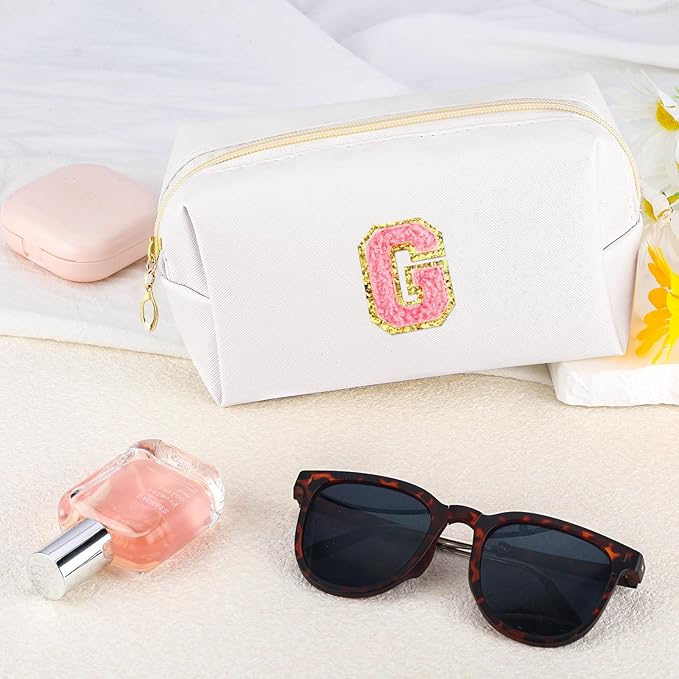 Initial Makeup Bag Personalized Preppy Travel Small Cosmetic Bag Cute PU White Chenille Letter Makeup Pouch for Purse Waterproof Zippered Toiletry Organizer for Women Girls Kids Friends (G)