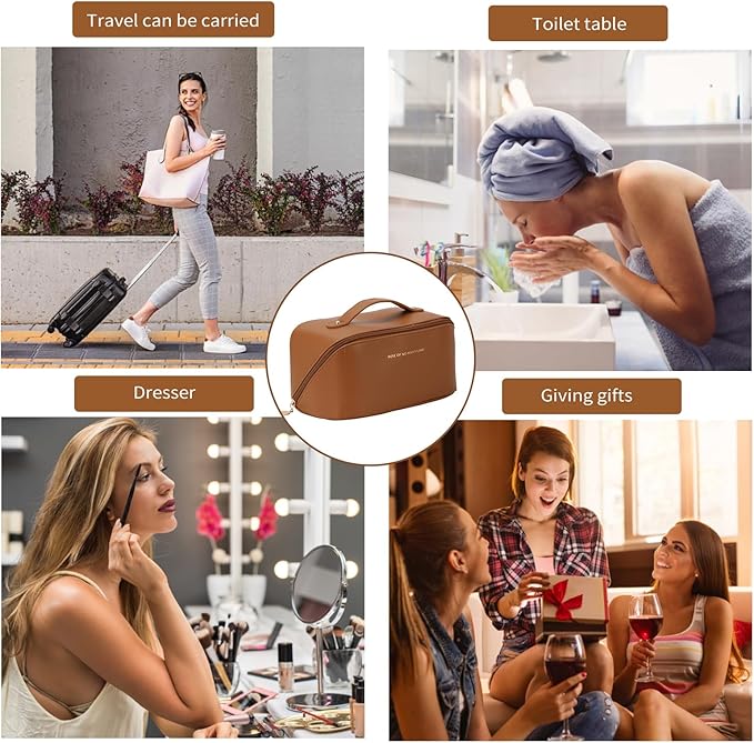 3 Pcs Travel Makeup Bag Portable Large Capacity Cosmetic Bags for Women Open Flat Makeup Case Organizer Bag Set of 3 Waterproof PU Leather Toiletry Bags with Divider and Handle (Brown, Medium)