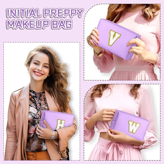 TOPEAST Preppy Stuff for Girls, Initial Makeup Bag Chenille Letter Pouch Cosmetic Bag with Zipper, PU Leather Waterproof Toiletry Bag, Cute Stuff Birthday Gift for Friends Sister (Purple T)