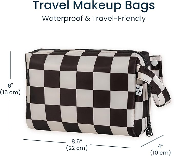 Tiny Twinkle Waterproof Travel Toiletry & Makeup Bag Organizer | Large Capacity Cosmetic Case with Compartments & Handle, A Thoughtful Travel Companion for Women(Black Checkers