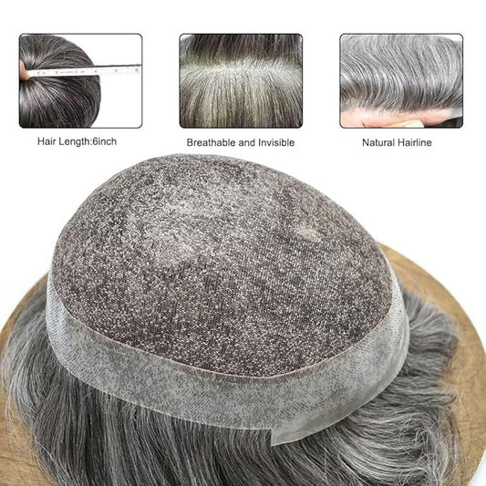 FACE MIRACLE Hair System for Men French Lace Mens Toupee Human Hair Replacement System Lace with PU Toupee for Men Male Hair Piece Wigs 6"X8" #1B60 Off Black with 60% Gray