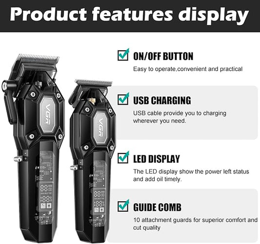 VGR Professional Hair Clippers for Men, Cordless Barber Clippers and Trimmers Set, Mens Hair Cutting Kit with 10 Guide Combs, USB Rechargeable Haircut Machine for Family, LED Display, Black