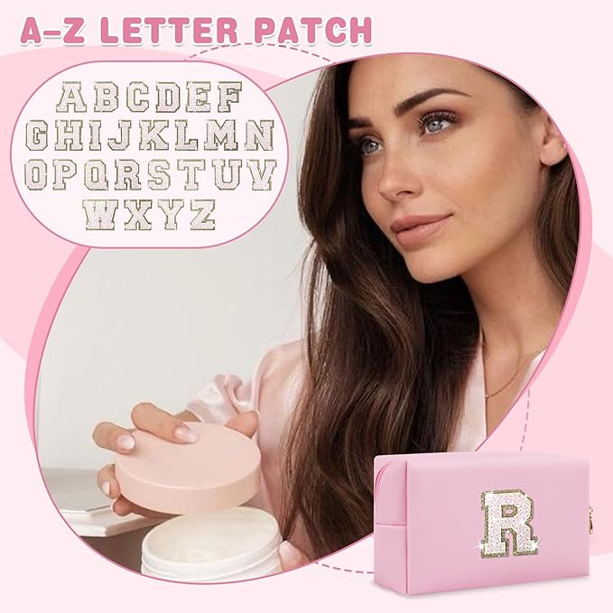 Small Personalized Initial A-Z Patch Makeup Bag,Pink Cute PU Leather Glitter Letter Cosmetic Bag for Teen Girls,Travel Toiletry Bag with Zipper,Preppy Monogrammed Birthday Gift for Daughter Niece R