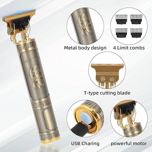 Professional Hair Clipper for Men - Rechargeable Cordless T-Blade Trimmer with 4 Guides, USB-C Fast Charge, Metal Body for Beard, Hair & Body Grooming