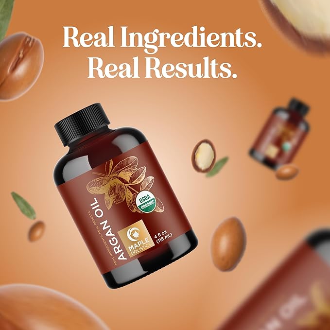 Certified Organic Argan Oil for Hair Skin & Nails - 100% Pure Moroccan Argan Oil Organic Cold Pressed and Unrefined - Fast Absorbing Hair Body and Face Moisturizer plus Beauty DIYs (4 Fl Oz)