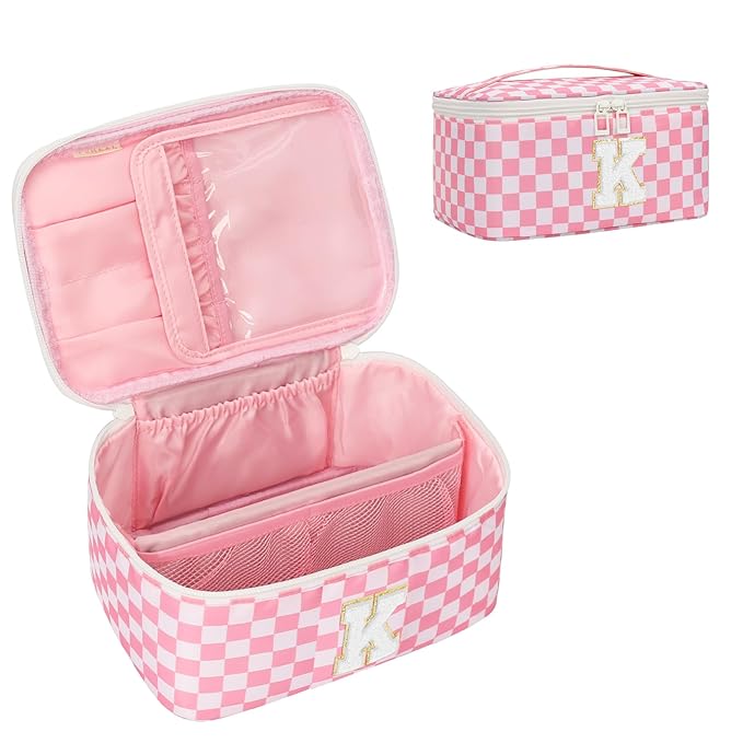 OCHEAL Makeup Bag for Women, Monogram Cosmetic Bag with Brush Holder, Pink Travel Makeup Case Beauty Toiletry Bag Organizer Personalized Gifts for Girls Bridesmaid, Sister, Wife, Friends Initial K