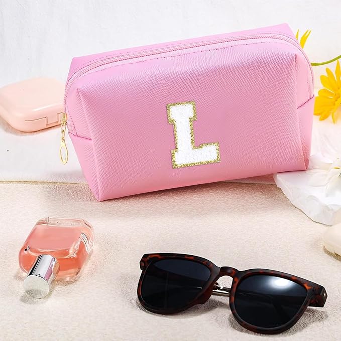 Initial Makeup Bag for Women Travel Small PU Leather Cosmetic Bag Cute Pink Personalized Preppy Chenille Letter Makeup Pouch for Purse Zippered Toiletry Organizer Makeup Case Ideal Gift(L)