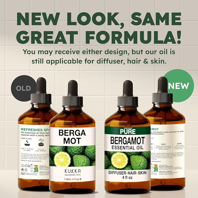 KUKKA Bergamot Essential Oils - 4 Fl Oz - for Hair, Skin, Diffuser, Aromatherapy & DIY Soap Making Scent