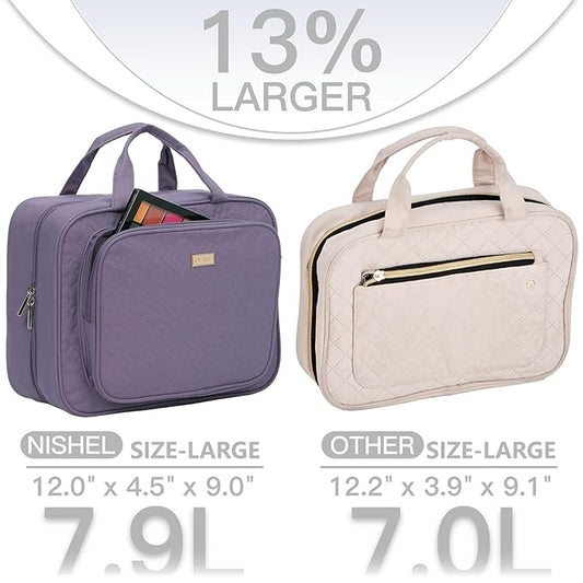 NISHEL Travel Toiletry Bag for Women Large Capacity, Makeup Essentials Organizer, Hanging Case for Accessories, Cosmetics, Purple