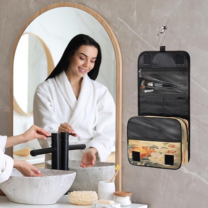 Travel Toiletry Bag for Women & Men Ethnic Flower Peony Hanging Cosmetic Organizer Portable Waterproof Makeup Case Make Up Bag with Compartments Travel Essentials for Bathroom Shower