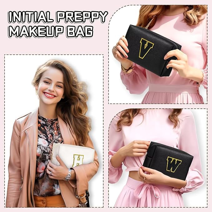 TOPEAST Preppy Stuff Cute Makeup Bag Small Cosmetic Bag Travel Toiletry Bag, Personalized Birthday Wedding Gifts for Mom Teacher Friends Bridesmaids, Preppy Travel Stuff for Girls (Black N)