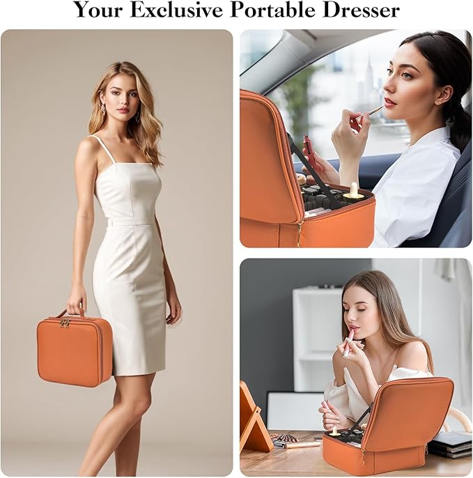 Travel Makeup Bag With LED Mirror,Cosmetic Train Case with 3 Color Setting,Cosmetic Makeup Organizer Bag with Adjustable Dividers,Portable Make up Box with Make up Brushes Holder Storage(Caramel)