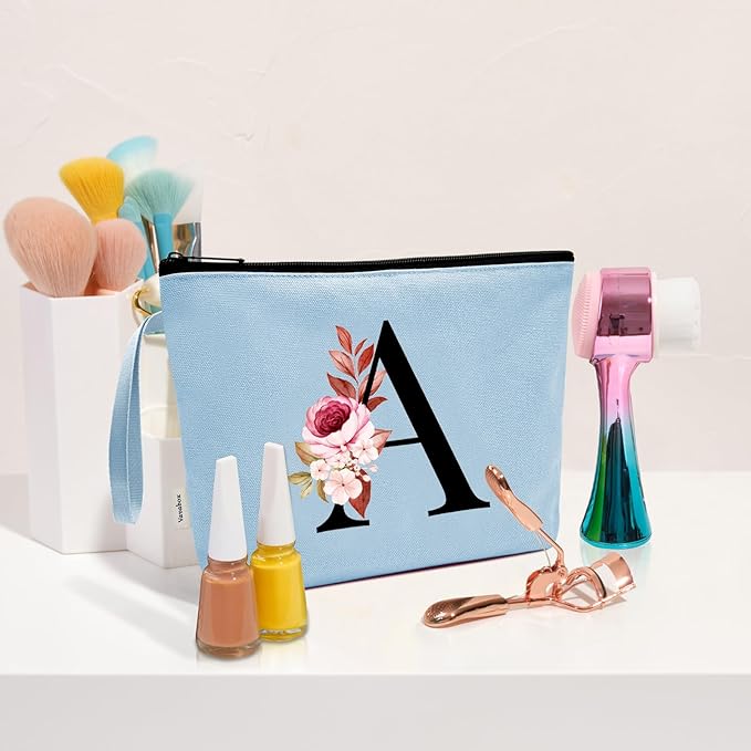 Vavabox A-Z Personalized Makeup Bag, Birthday Gifts for Women Mom, Gifts for Best Friend, Bride Bridesmaid Cosmetic bag (Y, Blue)