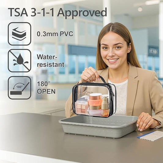 PACKISM Clear Makeup Bag - 2 Pack TSA Approved Toiletry Bag with Handle and 180° Large Opening, Clear Toiletry Bag Fit Carry-on Travel Essential, Travel Bags for Toiletries, Black