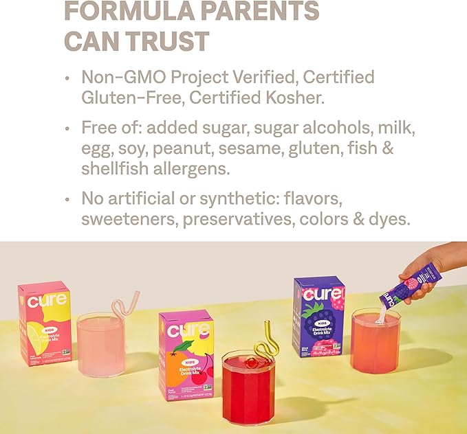 Cure Hydration - Kids Electrolyte Drink Mix | Plant-Based Pediatrician Formulated Rehydration | No Added Sugar, FSA-HSA, Non-GMO, Gluten-Free, No Artificial Flavors | Box of 6 Packets - Fruit Punch