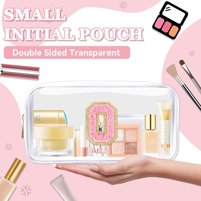 Small Clear Personalized Initial Makeup Bag, Preppy Nylon A-Z Chenille Letter Patch Makeup Organizer TSA Approved Travel Toiletry Bag,Waterproof Zip Beach Cosmetic Pouch Purse for Women(White-Pink O)