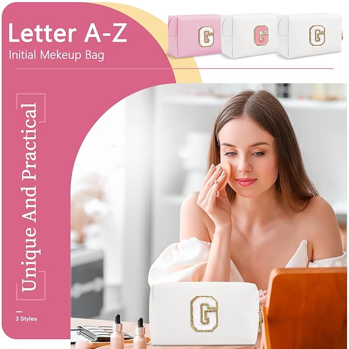 Small Personalized Initial A-Z Preppy Patch Makeup Bag,White PU Chenille Letter Travel Cosmetic Pouch with Zipper,Cute Toiletry Bag,Gift Ideal for Teen Girls Women Teacher Bridesmaid,Letter G
