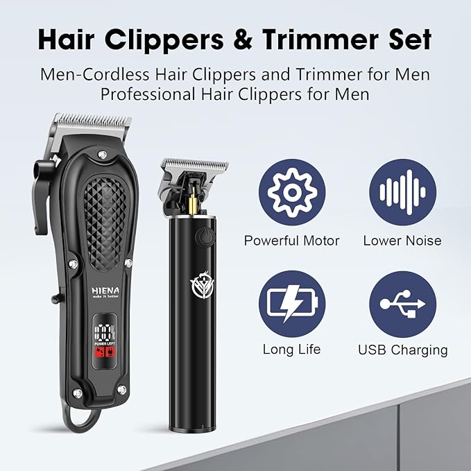HIENA PRO Professional Hair Clippers and Trimmers Set for Men Cordless Barber Kit Hair Cutting Kit Rechargeable Clipper Set for Barbers with LED Display, Gifts for Men, (Black)