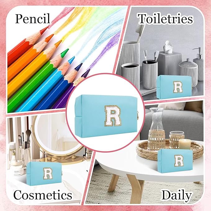 Small Personalized Letter Makeup Bag, Cute PU Leather Chenille Letters Cosmetic Bag Travel Makeup Pouch, Preppy Travel Organizer Zipper Pouch for Women&Girls(Blue-R)