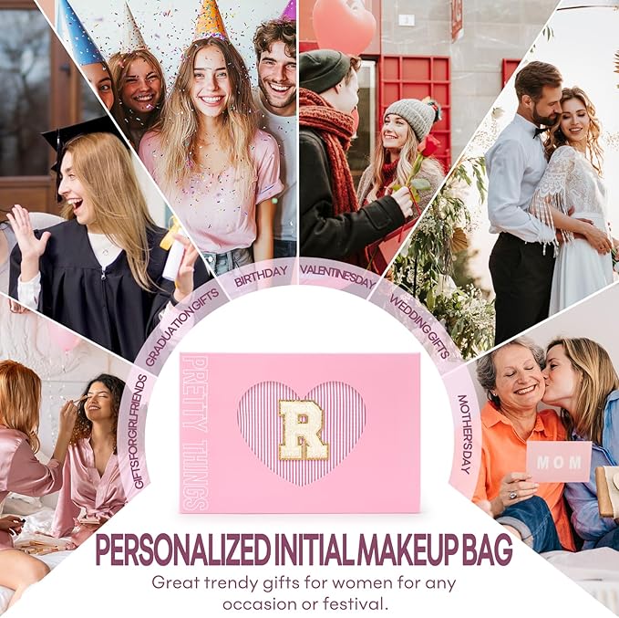 2 PCS Initial Makeup Bags for Women: Cosmetic Bag for Travel Toiletry - Birthday Gifts for 11 12 13 14 15 16 17 18 Years Old Girl Graduation Teacher Gift- Teen Girl Gifts Trendy Stuff - Pink R