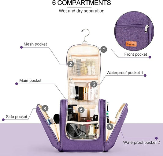 Hanging Travel Toiletry Bag for Women and Men, 6 Organizer Compartments, Large Toiletries essentials, Bathroom Cosmetic Accessories, Water-resistant Makeup Bag, Holds Full-Size Shampoo, Purple