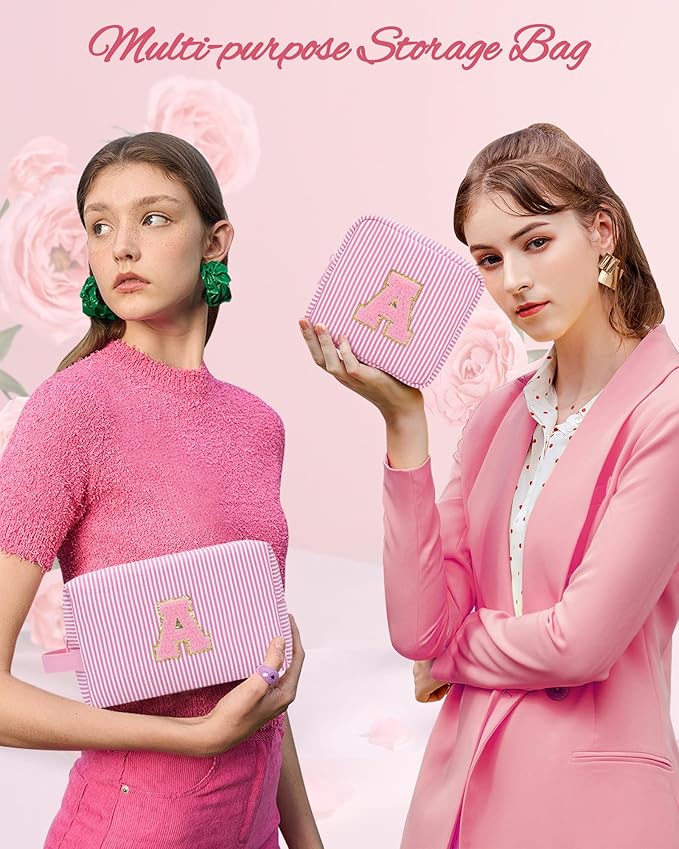 MONSTINA Personalized Initial Makeup Bag for Women,Make Up Case for Girlfriend Bridesmaid Wife,Birthday Gift for Her Cute Toiletry Bag,Period Bag Sanitary Napkin Storage Bag|Tampon Pouch,2PCS,Pink Y