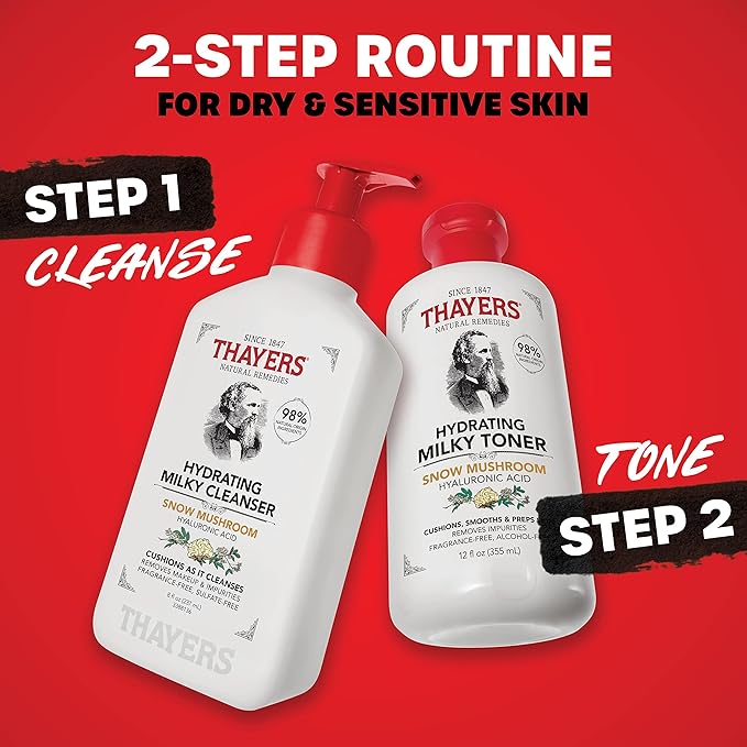 THAYERS Milky Face Toner with Snow Mushroom and Hyaluronic Acid, Natural Gentle Facial Toner, Dermatologist Recommended, for Dry and Sensitive Skin, 8.5 Oz (Pack of 2)
