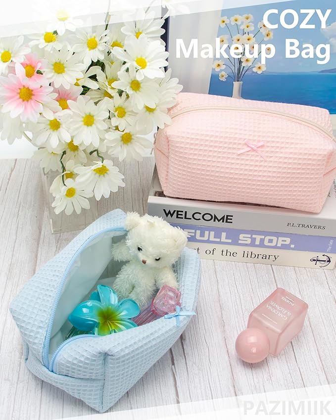 PAZIMIIK 2PCS Cozy Makeup Bag Travel Cosmetic Bag for Women Soft Toiletry Bag Aesthetic Makeup Organizer Portable Large Zipper Pouch for Skincare Beauty Accessories Brushes Waffle Check Blue