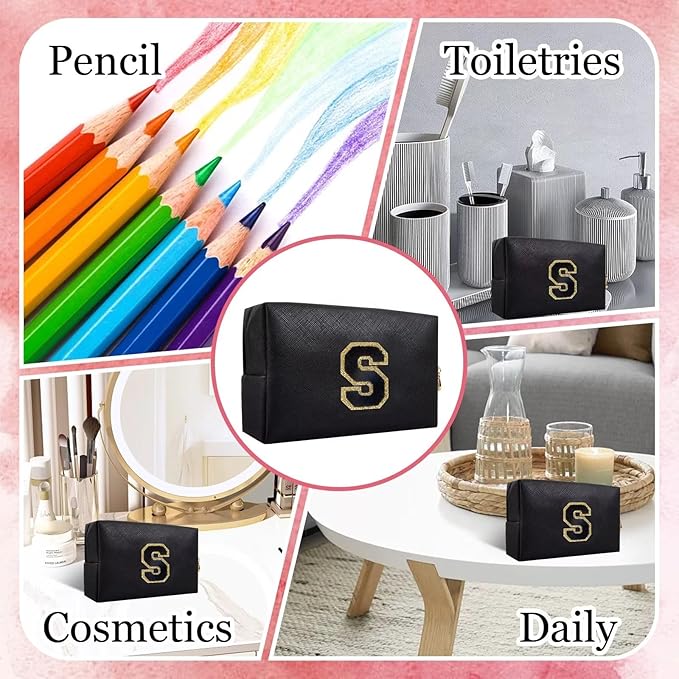 Small Personalized Letter Makeup Bag, Cute PU Leather Chenille Letters Cosmetic Bag Travel Makeup Pouch, Preppy Travel Organizer Zipper Pouch for Women&Girls(Black-S)