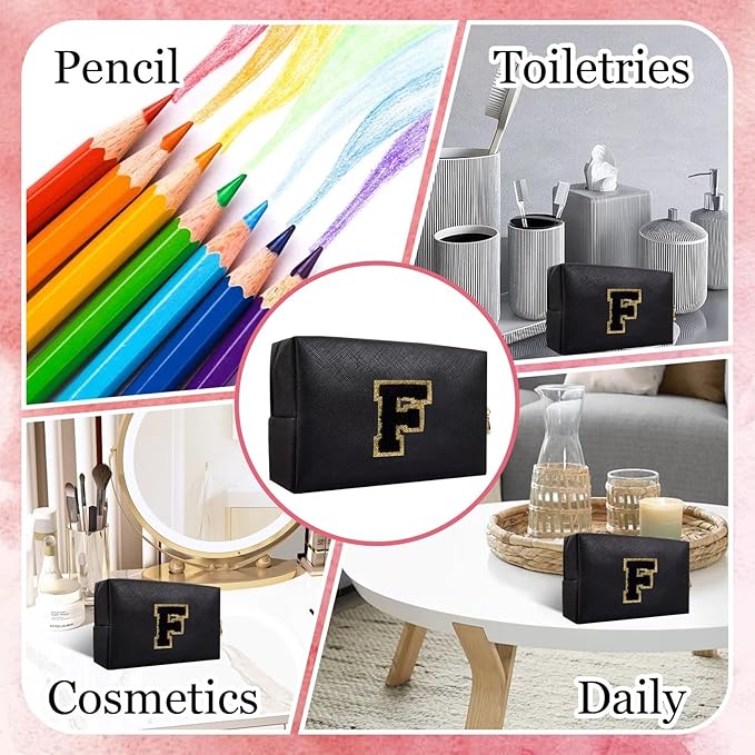 Small Personalized Letter Makeup Bag, Cute PU Leather Chenille Letters Cosmetic Bag Travel Makeup Pouch, Preppy Travel Organizer Zipper Pouch for Women&Girls(Black-F)