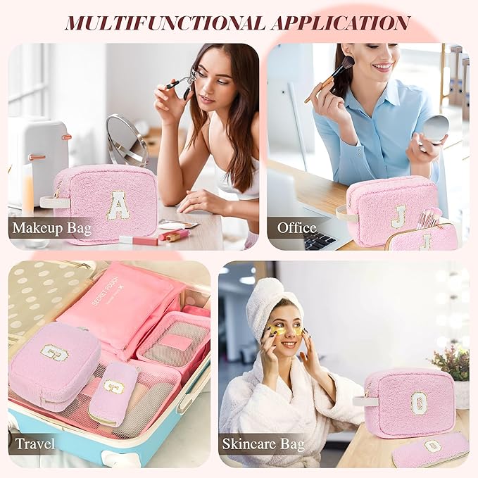 2PCS Makeup Bag with Initials, Christmas Day Gifts for Teen Girls Trendy Stuff, Personalized Cosmetic Travel Bag Pouch for Granddaughter, Cute Plush Make up Bags for Birthday - Pink Q