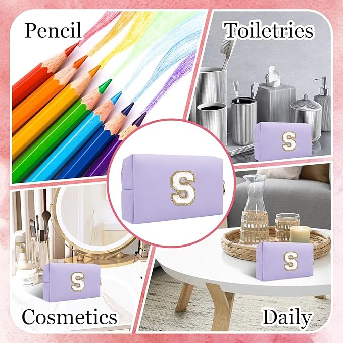 Small Personalized Letter Makeup Bag, Cute PU Leather Chenille Letters Cosmetic Bag Travel Makeup Pouch, Preppy Travel Organizer Zipper Pouch for Women&Girls(Purple-S)