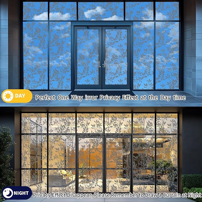 One Way Privacy Film, Window Tint for Home,Daytime Reflective, Anti UV Static Cling Sliding Door Coverings No Glue Garage Solar Paper (Black - Silver-Leaves, 23.6 x 78.7 in)