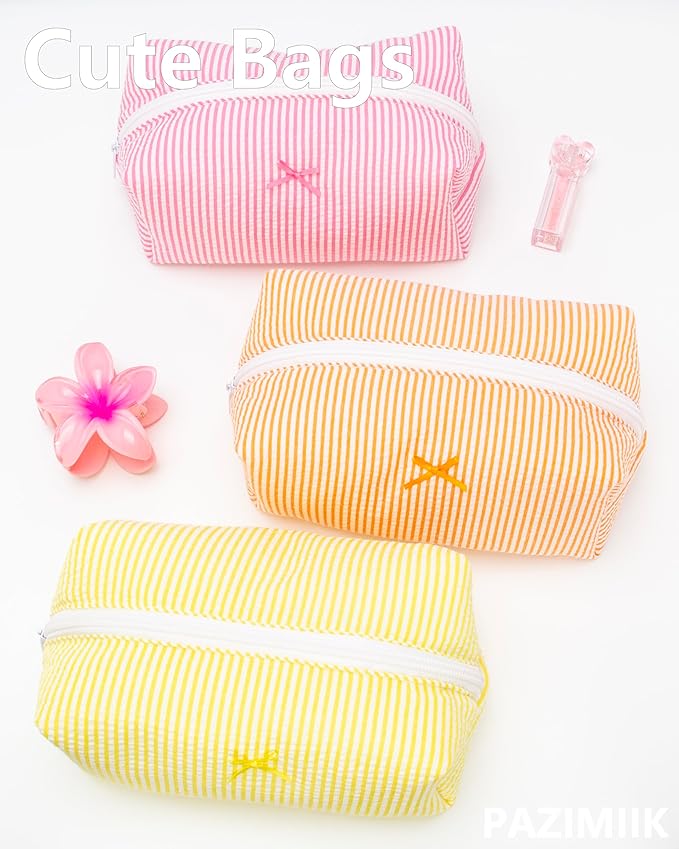PAZIMIIK Cozy Makeup Bag Small Aesthetic Travel Zipper Cosmetic Pouch for Women Make Up Beauty Accessories Brushes, Stripe Hotpink