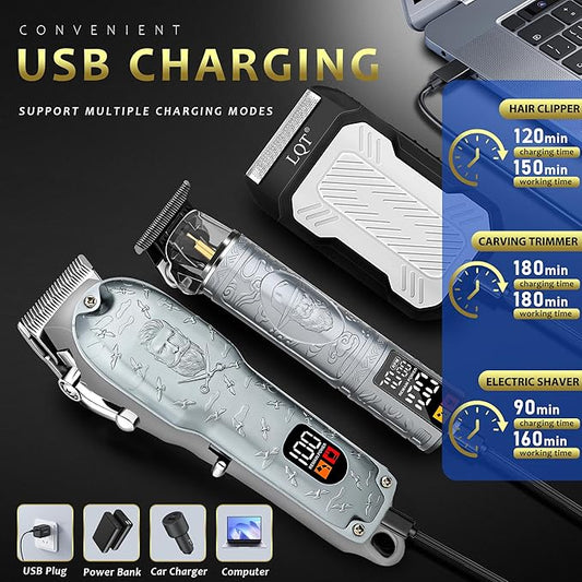 Professional Silver Hair Clippers for Men Cordless Barber Kit with Trimmer, Stainless Steel Blades, Adjustable Lever, LED Display, Type-C Charging Grooming Set Gifts,Ideal for Home Baber & Travel
