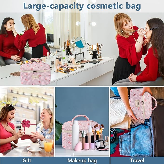 Large Makeup Bag, Cute Cosmetic Bag for Women Girls, Floral Coquette Aesthetic Toiletry Bag, Travel Make Up Organizer Bag (Pink Butterfly)