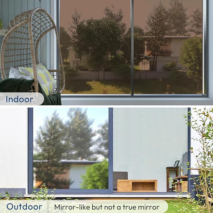 rabbitgoo Window Privacy Film One Way Window Tint for Home, Removable Reflective Heat Sun Blocking Anti UV Glass Door Covering, Mirror Tinting Film House Office, 35.4 in X 6.5 Feet, Brown Silver