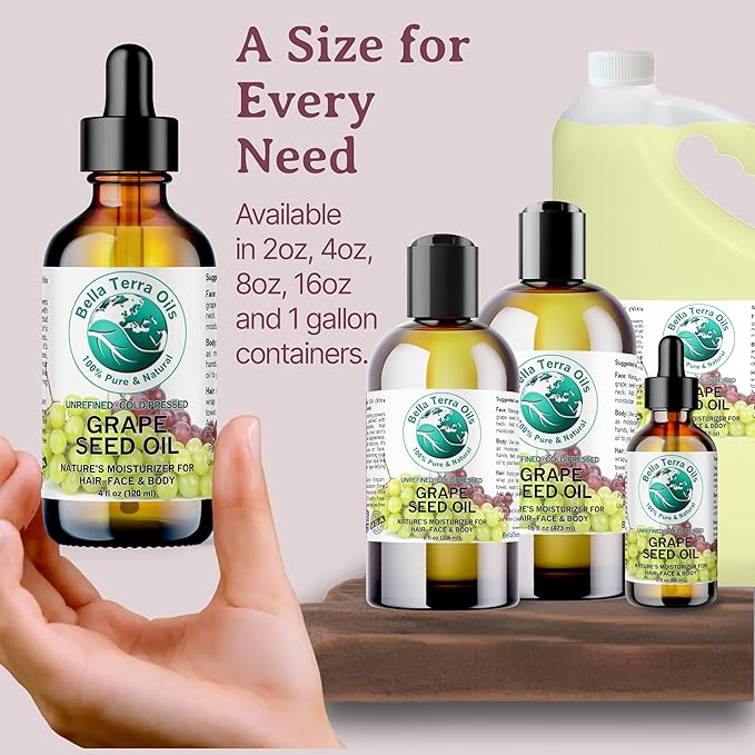 Bella Terra Oils - Organic Grape Seed Oil 8 oz - Dive into Organic Grape's Nutritional Power, Packed with Antioxidants & Omega-6, Elevate Your Skin Care Essence