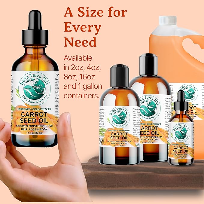 Bella Terra Oils - Organic Carrot Seed Oil 8 oz - Not Just for Tanning, Packed with Antioxidants, Cold-Pressed for Ultimate Skin Embrace & Natural Shine