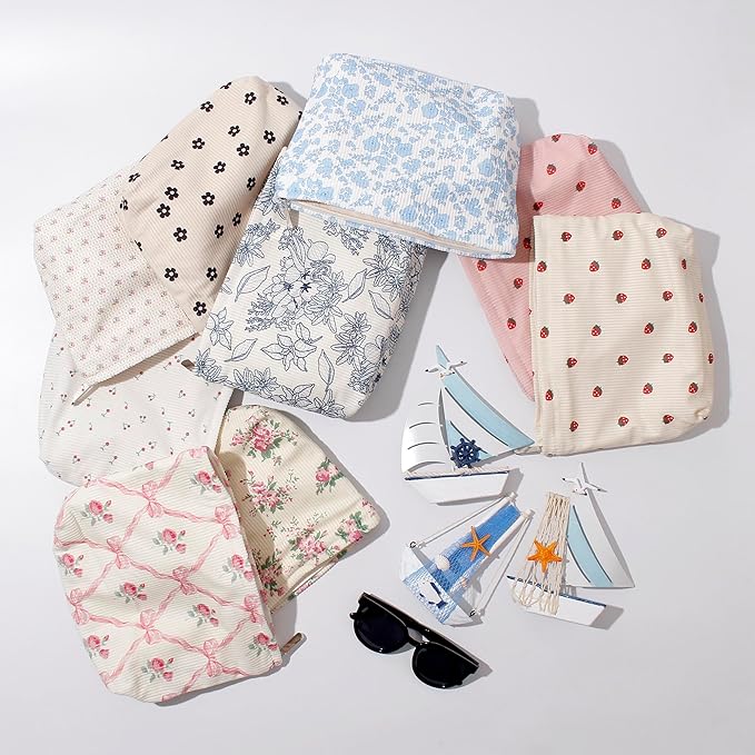 Cosmetic Bags for Women - Corduroy Cosmetic Bag Aesthetic Women Handbags Purses Smile Dots Makeup Organizer Storage Makeup Bag Girls Case Bags (Flowers-Navy blue)