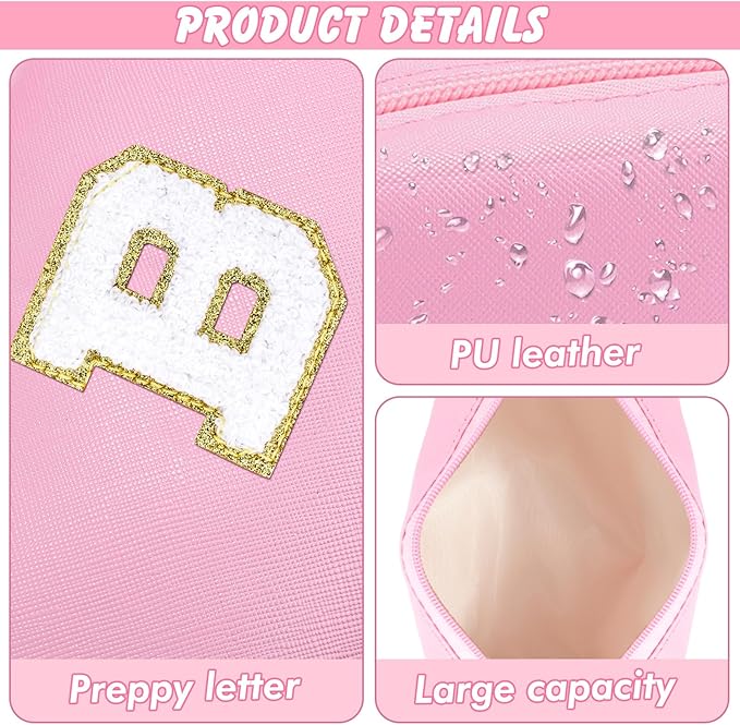 Initial Makeup Bag Personalized Preppy Travel Small Cosmetic Bag Cute PU Pink Chenille Letter Makeup Pouch for Purse Waterproof Zippered Toiletry Organizer for Women Girls Kids Friends(B)