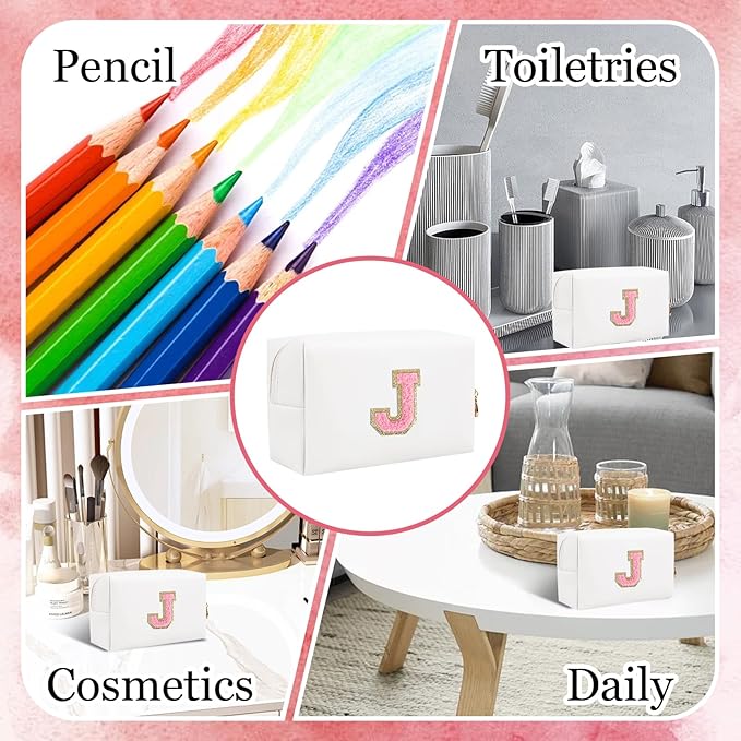 Small Personalized Letter Makeup Bag, Cute PU Leather Chenille Letters Cosmetic Bag Travel Makeup Pouch, Preppy Travel Organizer Zipper Pouch for Women&Girls(WhitePink-J)