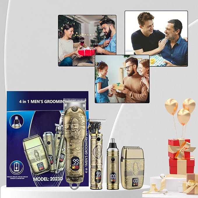 Soonsell Men's Professional Hair Clippers & Trimmer Set with T-Blade, Nose Trimmer, Foil Shaver and LCD Display Display(Bronze