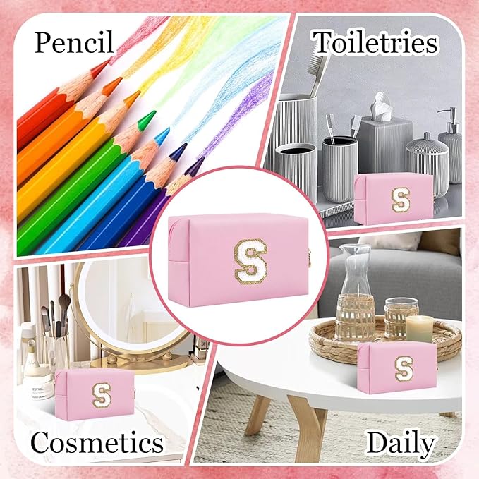 Small Personalized Letter Makeup Bag, Cute PU Leather Chenille Letters Cosmetic Bag Travel Makeup Pouch, Preppy Travel Organizer Zipper Pouch for Women&Girls(Pink-S)